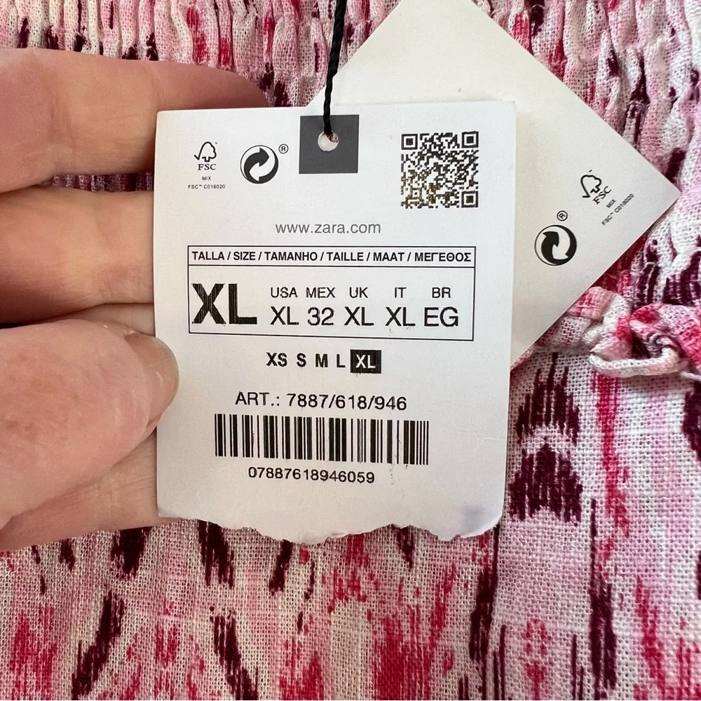 ZARA NWT 2024 Pink Linen Blend Printed Midi Dress Ruched Elastic Top Size XL - Picture 5 of 13